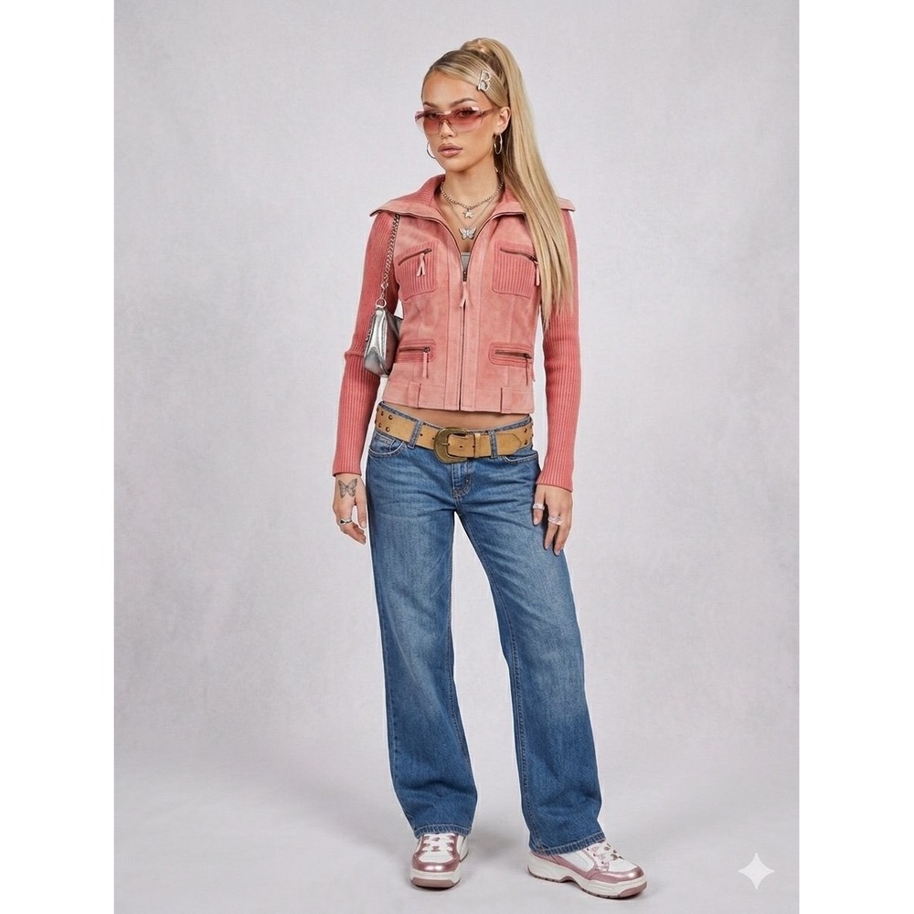 VTG Tehama Pink Suede Leather Ribbed Knit Full Zip Moto Jacket Y2K Size Small